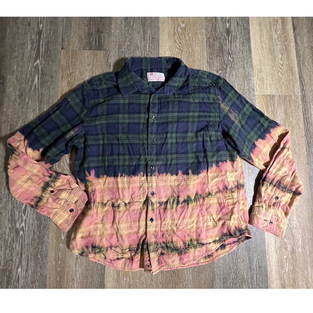 Bleached Plaid Flannel Shirt Mens XL Green Pink Good Dip Dye‎ Custom